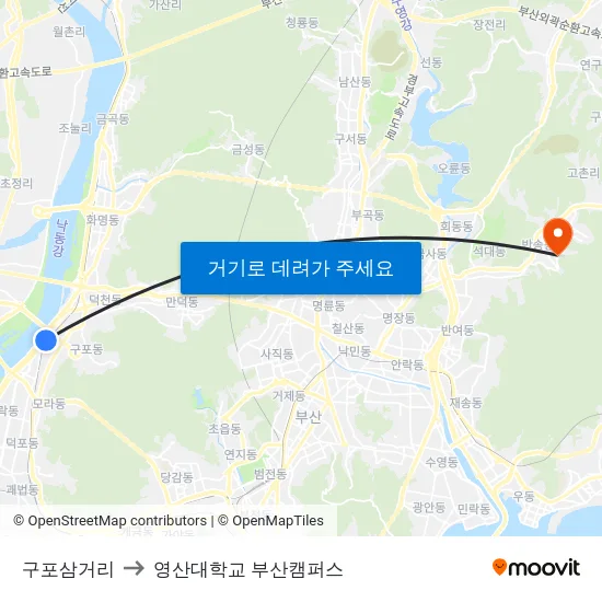 구포삼거리 to 영산대학교 부산캠퍼스 map