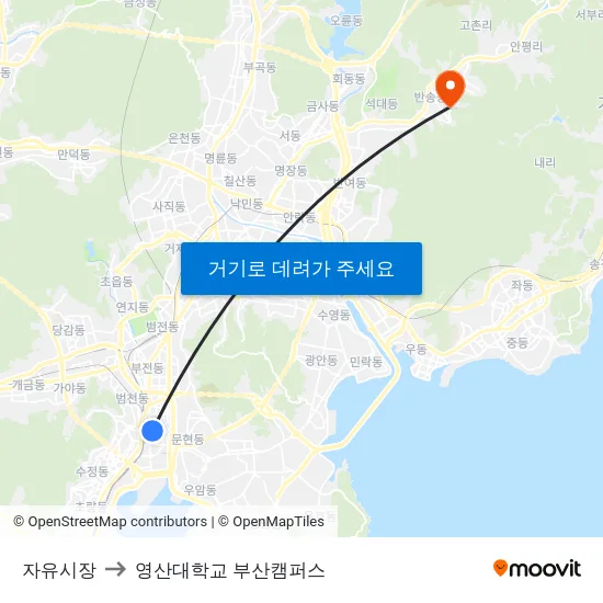 자유시장 to 영산대학교 부산캠퍼스 map