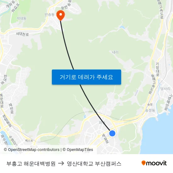 부흥고 해운대백병원 to 영산대학교 부산캠퍼스 map