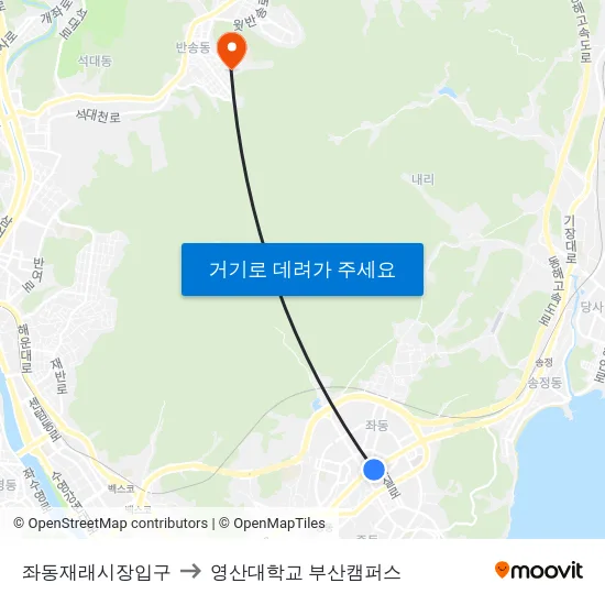 좌동재래시장입구 to 영산대학교 부산캠퍼스 map
