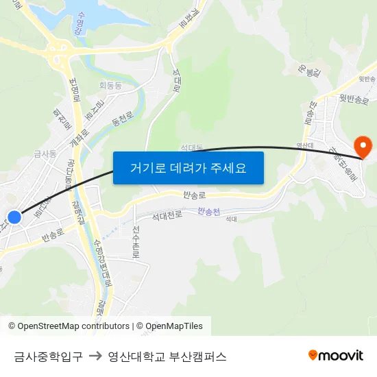 금사중학입구 to 영산대학교 부산캠퍼스 map