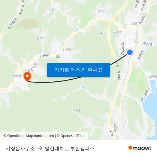 기장읍사무소 to 영산대학교 부산캠퍼스 map
