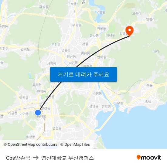 Cbs방송국 to 영산대학교 부산캠퍼스 map
