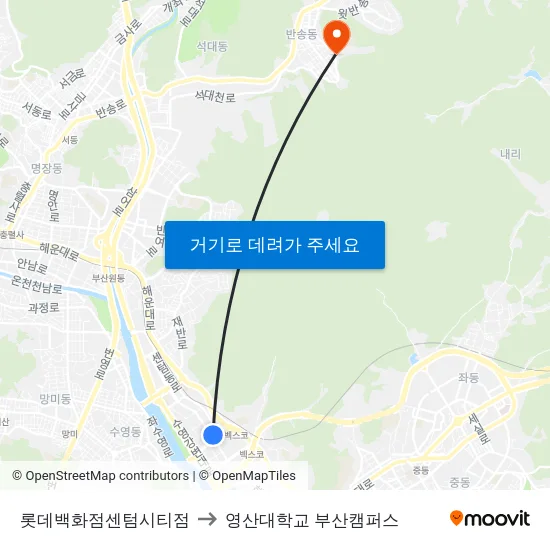 롯데백화점센텀시티점 to 영산대학교 부산캠퍼스 map