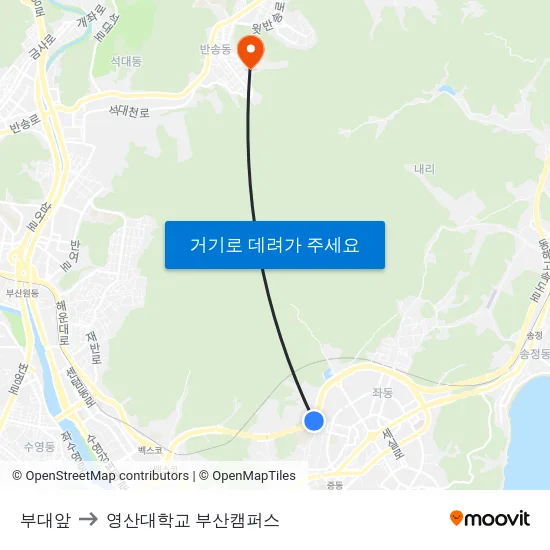 부대앞 to 영산대학교 부산캠퍼스 map