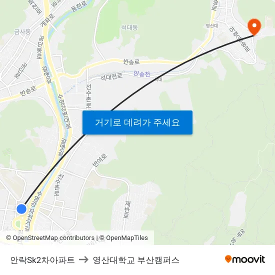 안락Sk2차아파트 to 영산대학교 부산캠퍼스 map