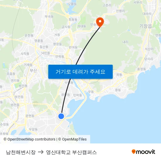 남천해변시장 to 영산대학교 부산캠퍼스 map