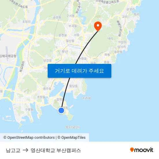 남고교 to 영산대학교 부산캠퍼스 map