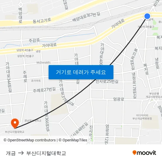 개금 to 부산디지털대학교 map