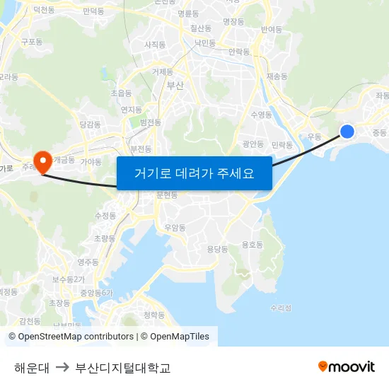 해운대 to 부산디지털대학교 map