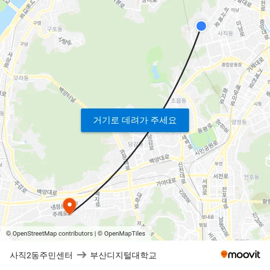 사직2동주민센터 to 부산디지털대학교 map