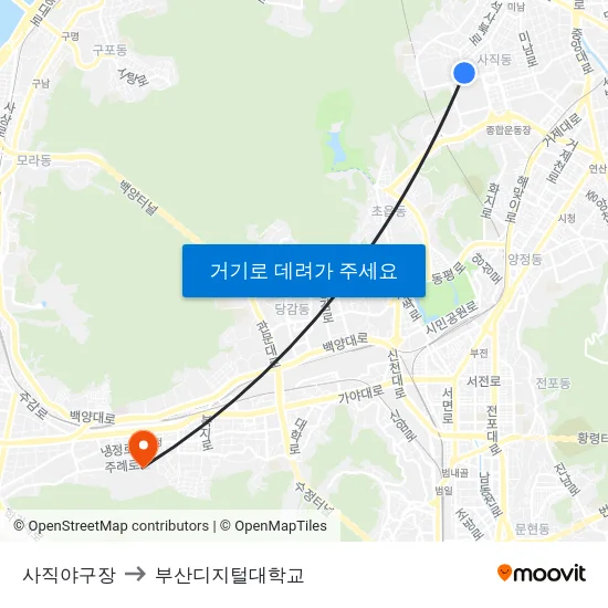 사직야구장 to 부산디지털대학교 map