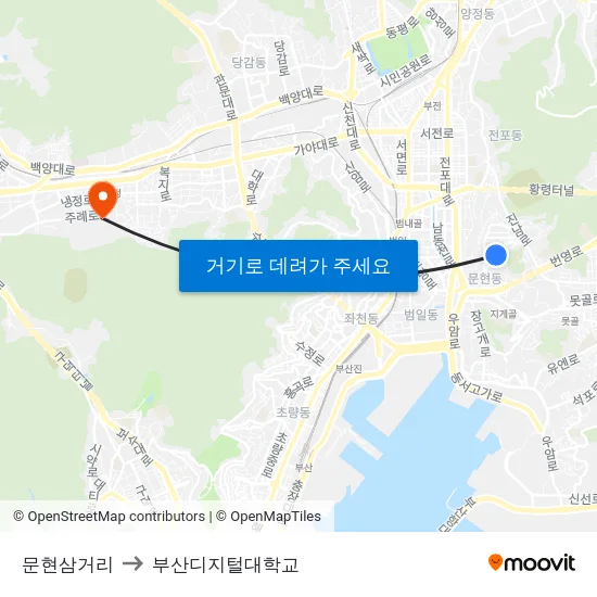 문현삼거리 to 부산디지털대학교 map