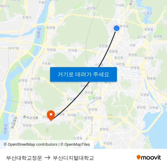 부산대학교정문 to 부산디지털대학교 map