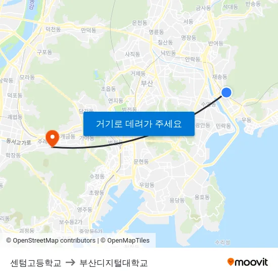 센텀고등학교 to 부산디지털대학교 map