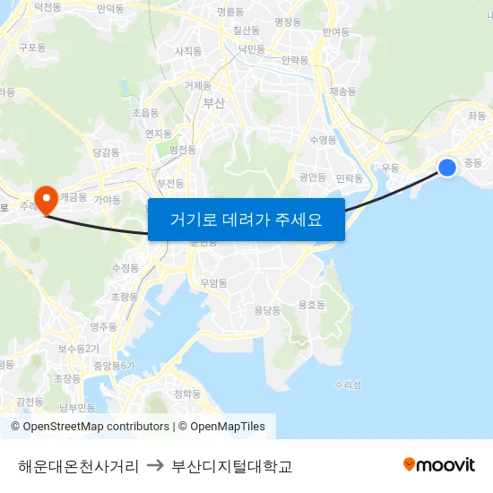 해운대온천사거리 to 부산디지털대학교 map
