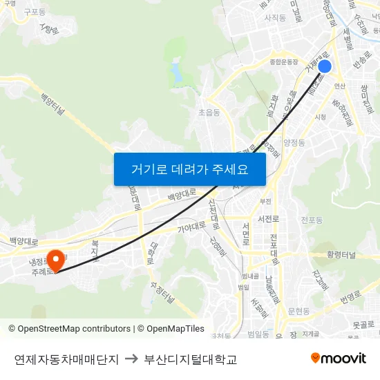 연제자동차매매단지 to 부산디지털대학교 map