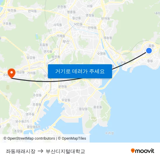 좌동재래시장 to 부산디지털대학교 map