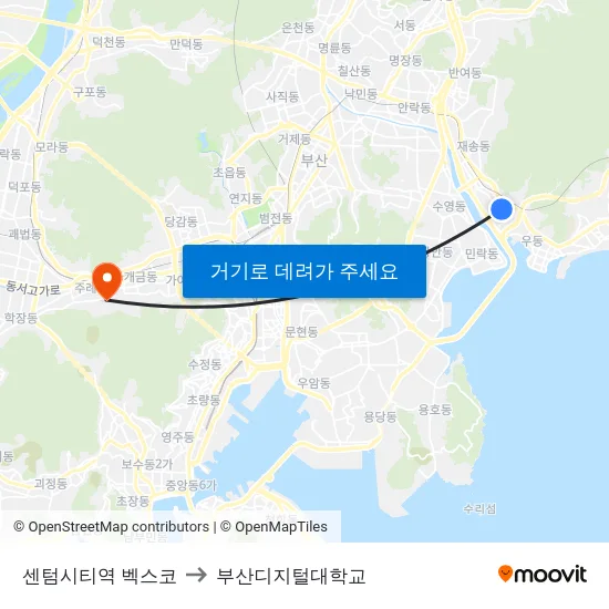 센텀시티역 벡스코 to 부산디지털대학교 map
