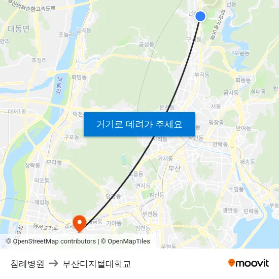 침례병원 to 부산디지털대학교 map