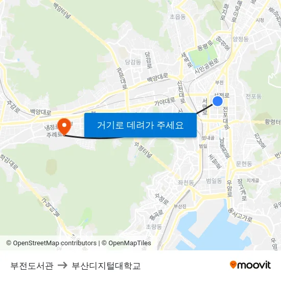 부전도서관 to 부산디지털대학교 map