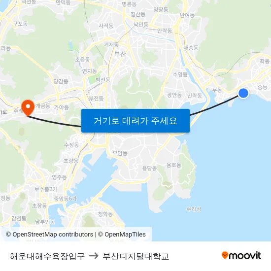 해운대해수욕장입구 to 부산디지털대학교 map