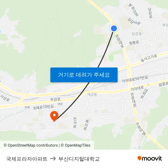국제프라자아파트 to 부산디지털대학교 map