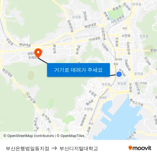 부산은행범일동지점 to 부산디지털대학교 map