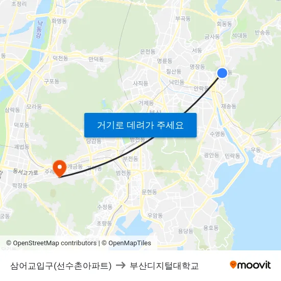 삼어교입구(선수촌아파트) to 부산디지털대학교 map