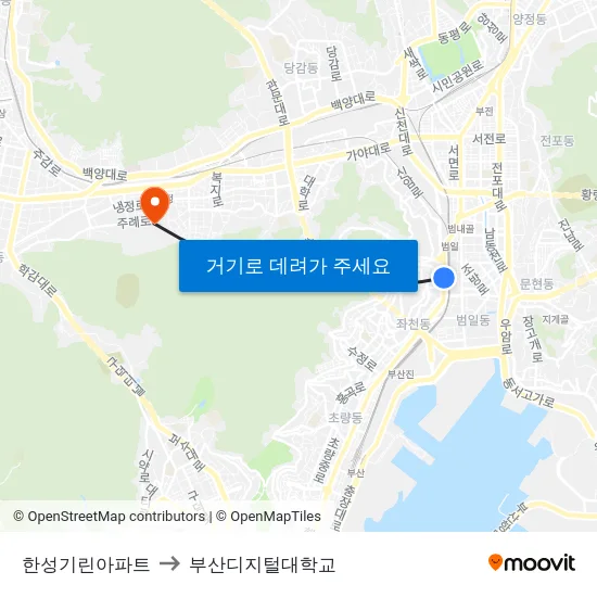 한성기린아파트 to 부산디지털대학교 map