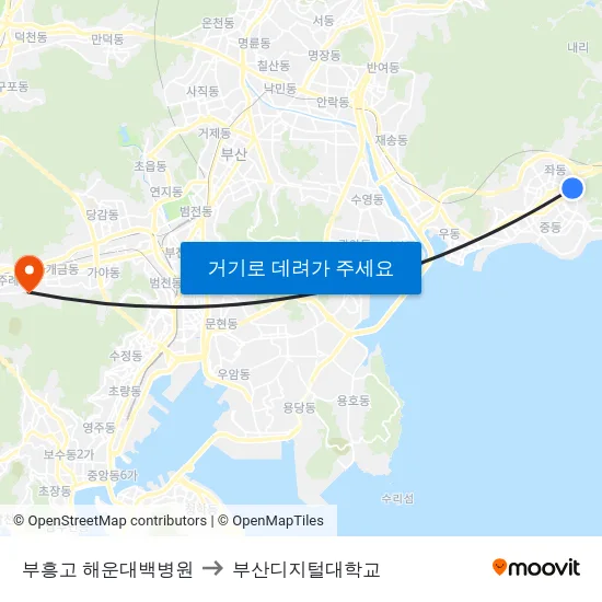 부흥고 해운대백병원 to 부산디지털대학교 map