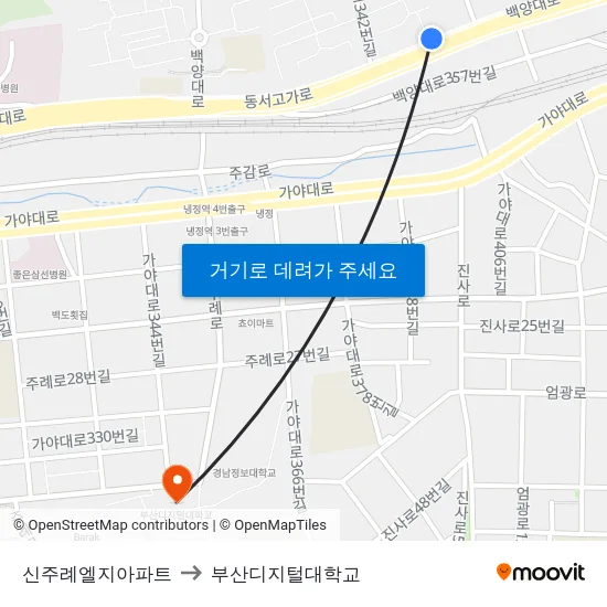 신주례엘지아파트 to 부산디지털대학교 map