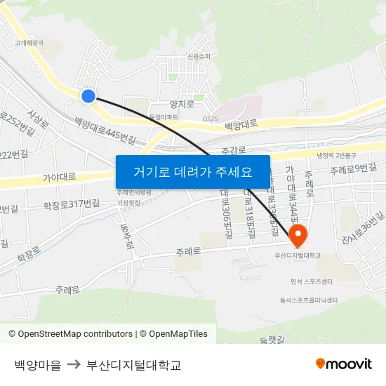 백양마을 to 부산디지털대학교 map