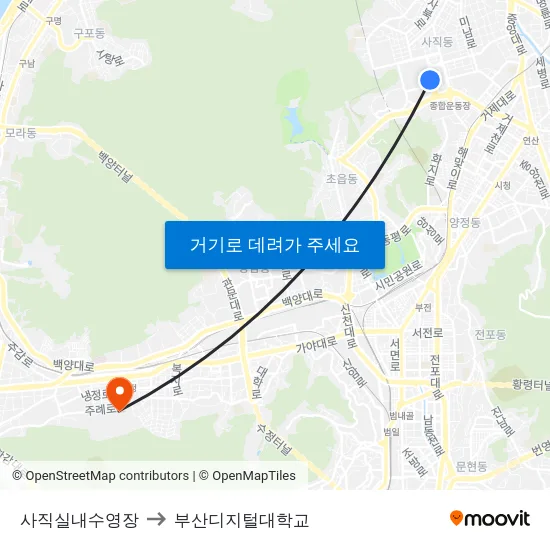 사직실내수영장 to 부산디지털대학교 map