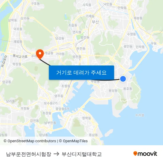 남부운전면허시험장 to 부산디지털대학교 map