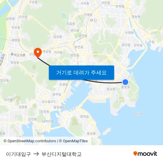 이기대입구 to 부산디지털대학교 map