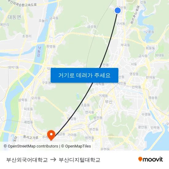 부산외국어대학교 to 부산디지털대학교 map