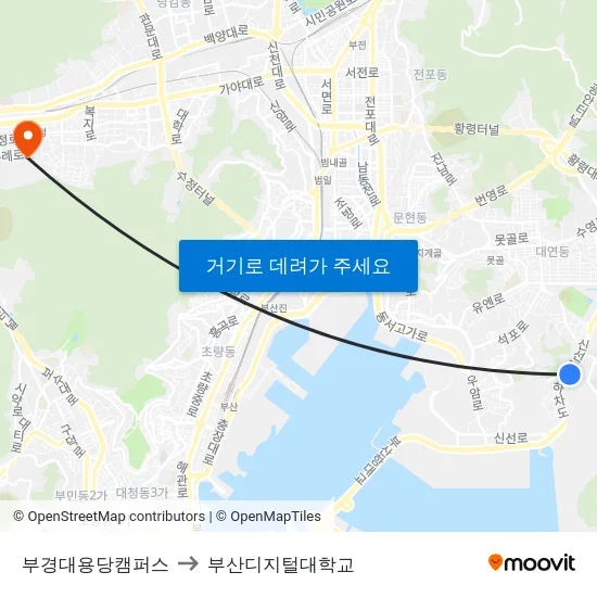 부경대용당캠퍼스 to 부산디지털대학교 map