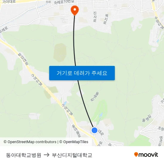 동아대학교병원 to 부산디지털대학교 map