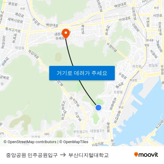 중앙공원 민주공원입구 to 부산디지털대학교 map
