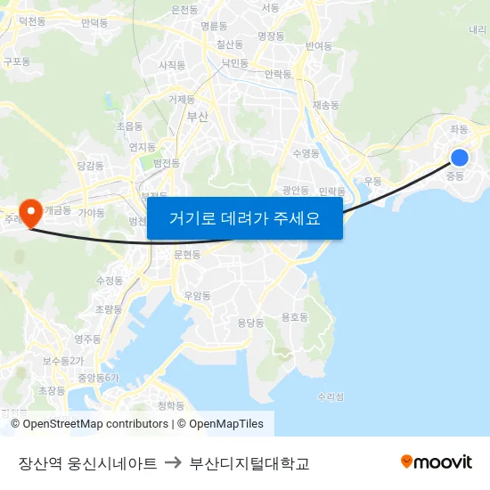 장산역 웅신시네아트 to 부산디지털대학교 map
