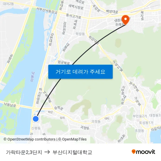가락타운2,3단지 to 부산디지털대학교 map