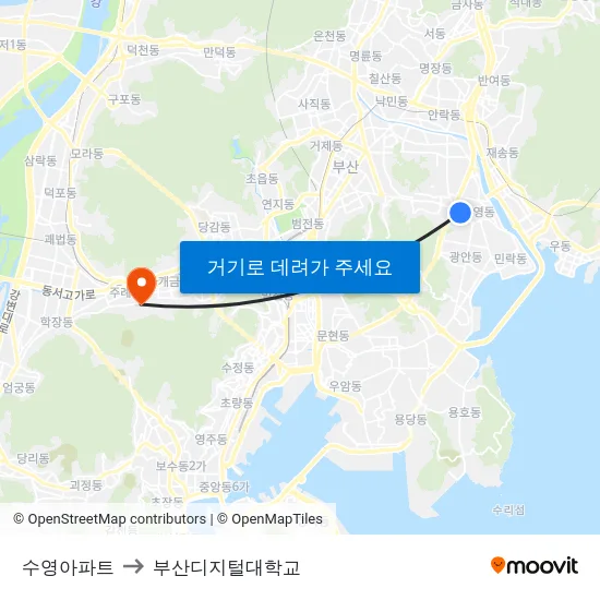수영아파트 to 부산디지털대학교 map