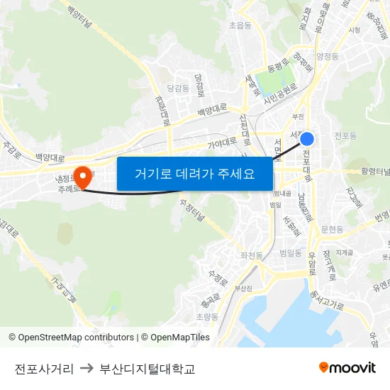 전포사거리 to 부산디지털대학교 map