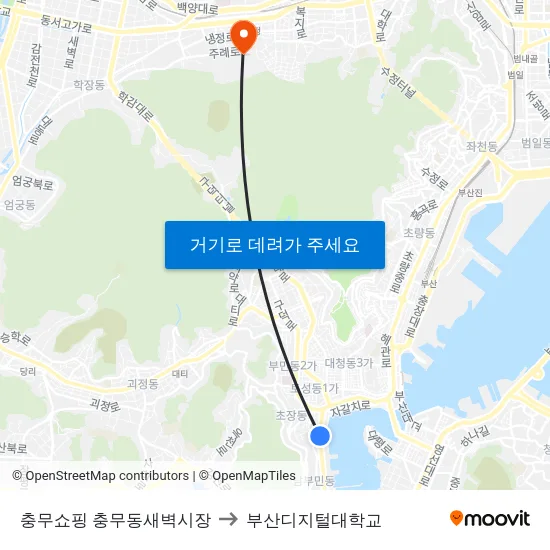 충무쇼핑 충무동새벽시장 to 부산디지털대학교 map