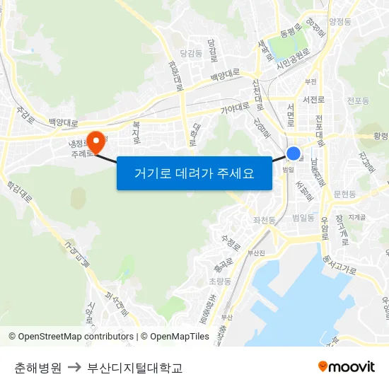 춘해병원 to 부산디지털대학교 map