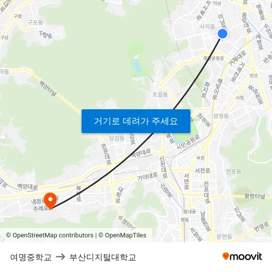여명중학교 to 부산디지털대학교 map