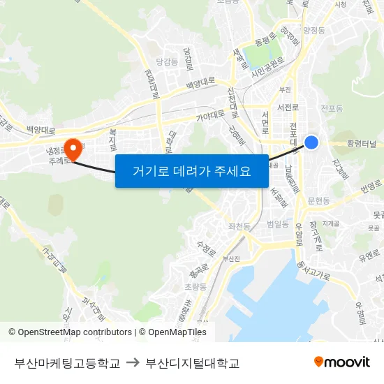 부산마케팅고등학교 to 부산디지털대학교 map