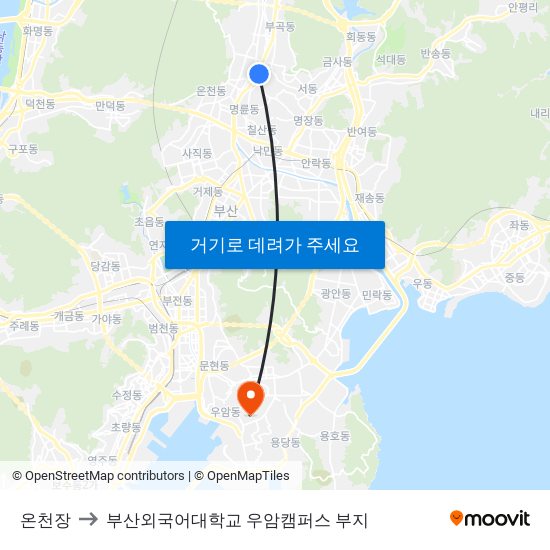 온천장 to 부산외국어대학교 우암캠퍼스 부지 map