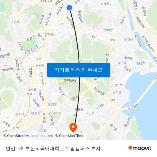 연산 to 부산외국어대학교 우암캠퍼스 부지 map